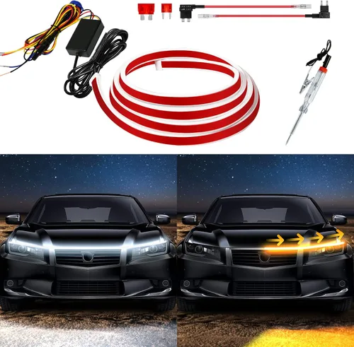 Vista 11 de Tira de luz LED para el exterior del capó del coche, kit de haz de arranque de escaneo dinámico de doble color, luces LED de circulación diurna
