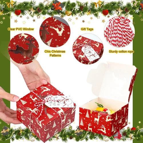 Vista 5 de Maxcheck Paquete de 100 cajas de galletas navideñas con ventana, 4 x 4 x 2.5 pulgadas, cajas de golosinas para panadería, dulces, recuerdos