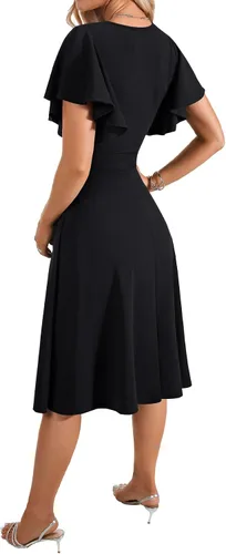 Vista 5 de LYANER Vestido de cóctel de manga corta con volantes y cuello en V, de línea A, con vuelo y estilo midi para mujer Negro puro