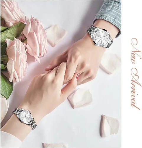 Vista 55 de OLEVS Reloj para parejas para él y ella, reloj analógico de cuarzo para hombres y mujeres, de acero inoxidable, impermeable, luminoso, fecha, reloj