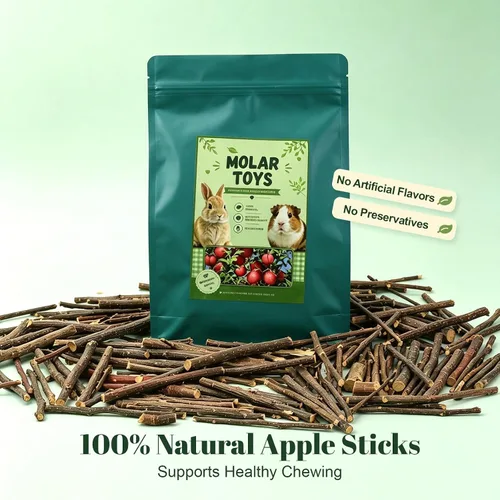 Vista 4 de Palitos de manzana naturales de 17.64 oz para animales pequeños, juguete molar masticable para rechinar dientes para conejos, cobayas, chinchillas