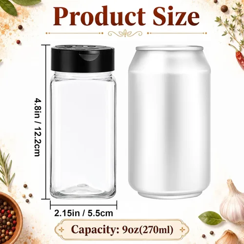 Vista 2 de Bekith Paquete de 16 tarros de plástico para especias de 9 onzas con tapa negra, botellas de plástico para especias vacíos para almacenar especias