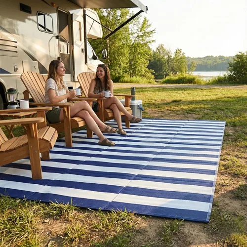Vista 9 de FH Home - Alfombra para exteriores de camping, impermeable, resistente a la decoloración, reversible, plástico reciclado de alta calidad, a rayas