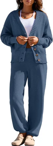 Vista 2 de Yanekop Conjunto de dos piezas para mujer con cuello en V y botones y suéter de punto acogedor