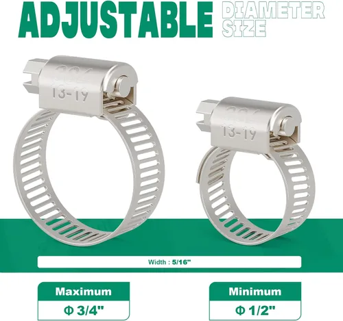 Vista 2 de OURU - Juego de 24 abrazaderas de manguera de acero inoxidable ajustables de 1/2"– 3/4" (13-19mm) con engranaje sinfín, abrazaderas de manguera