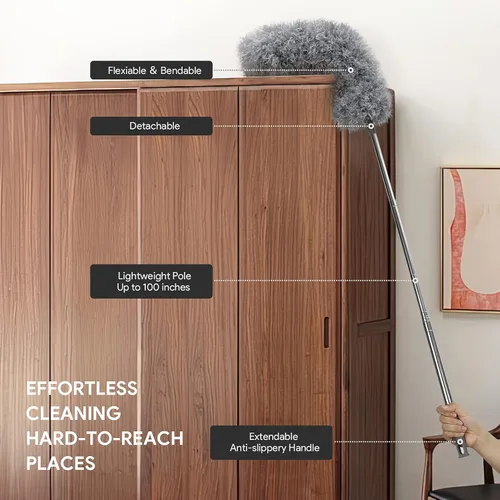 Vista 2 de DELUX Plumero de microfibra con 7 plumeros, reutilizables, flexibles, lavables, con poste de extensión extra largo de 100 pulgadas para limpiar