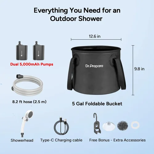 Vista 4 de DR.PREPARE Ducha portátil, bombas de ducha dobles para campamento, 2 × 5000 mAh, motor de 11,000 rpm, flujo de 1.32 galones/min, boquilla