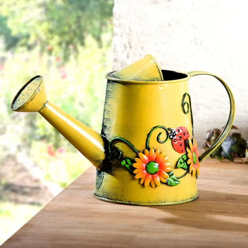 Vista 8 de Regadera decorativa de metal con girasol y abeja (vol: 4 tazas) Regadera azul pequeña Decoración de jardín Regalo de inauguración de la casa