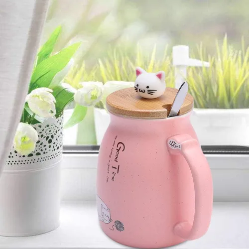 Vista 8 de TOPINCN Taza de cerámica con diseño de gato lindo con cuchara y tapa de madera, taza de té y agua para leche para oficina en casa (12.8 fl oz)
