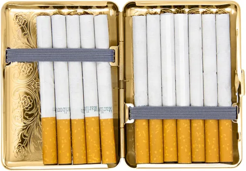 Vista 4 de Juego de 2 cajas de cigarrillos compactas chapadas en metal tamaño King con bandas elásticas (pergamino victoriano dorado)