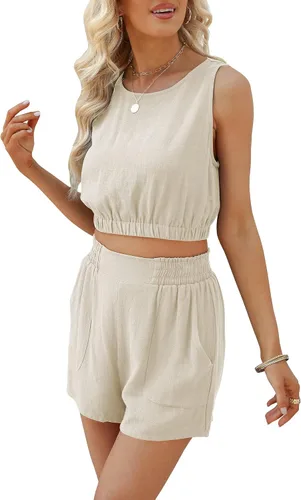 Vista 7 de Conjunto de dos piezas de lino para mujer, conjunto de 2 piezas sin mangas para verano