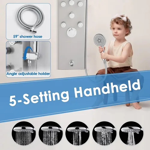 Vista 5 de Sistema de panel de ducha OUGOO - Utiliza 4 funciones simultáneamente: ducha de lluvia, chorros corporales, boquilla de mano y bañera, columna