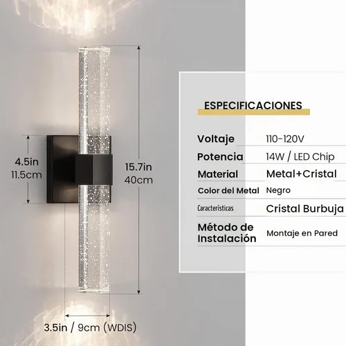 Vista 3 de Epinl Apliques negros de pared - Juego de 2 apliques de pared modernos de cristal, juego de 2, 14 W, 3000 K, regulables, accesorios de tocador