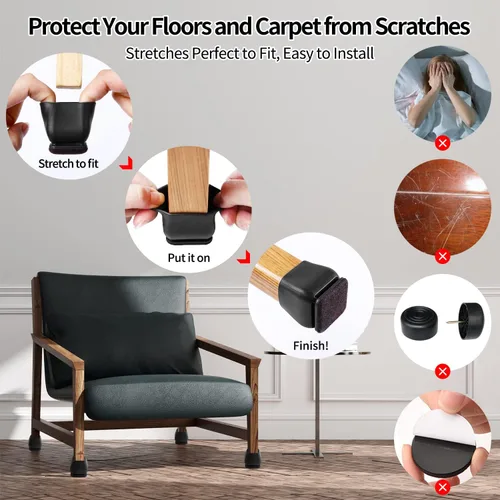 Vista 3 de Ezprotekt 24 protectores cuadrados de silicona para patas de silla para suelos de madera, almohadillas de fieltro negro para muebles, fundas