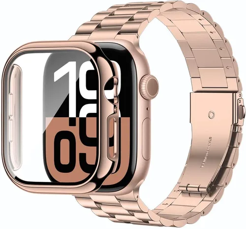 Vista 11 de baozai Compatible con Apple Watch Band de 1.654 pulgadas con funda, correa de acero inoxidable con protector de pantalla de vidrio templado