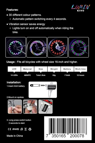Vista 5 de Luz de radios LED para bicicleta, 30 patrones de color, conmutación automática de patrones, fácil montaje en rueda