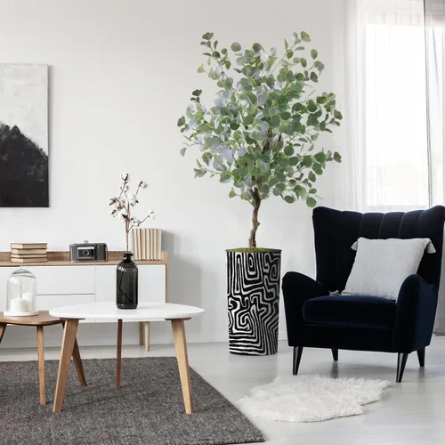 Vista 10 de Árbol artificial en macetero con patrón geométrico moderno, palmera tropical areca artificial de seda para decoración del hogar en interiores