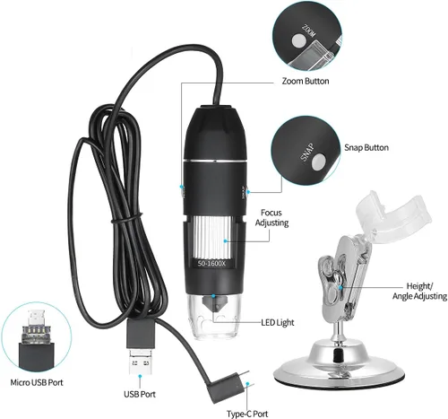 Vista 2 de Microscopio digital 3 en 1 cámara de interfaz USB 1600X con soporte flexible compatible con Android, Mac, sistema Windows, Q-NB01D
