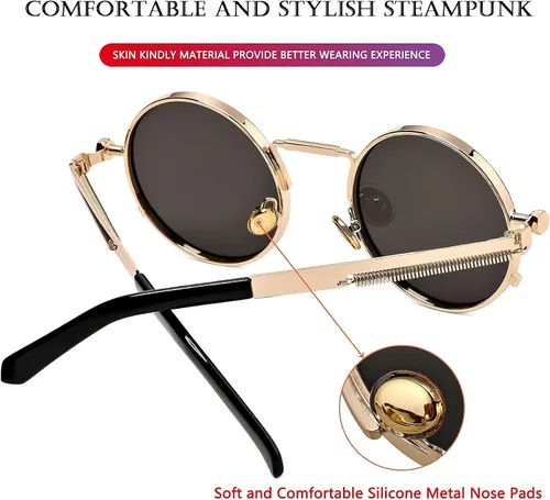 Vista 4 de AIEYEZO Gafas de sol redondas Steampunk con montura de metal gótico, 100% bloqueo UV