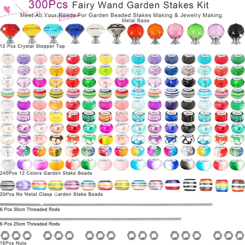 Vista 4 de 300 piezas de estacas de jardín DIY Kit de varitas de hadas de jardín, coloridas con agujero grande, perla de cristal de diamante, tapón superior