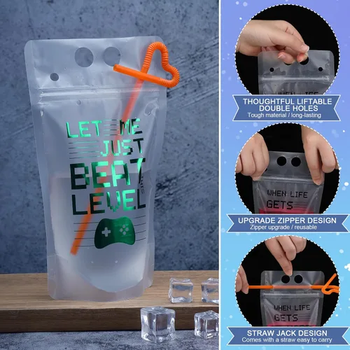 Vista 3 de 24 bolsas de plástico transparente para bebidas con pajitas, bolsas reutilizables para decoración de cumpleaños, videojuegos, fiestas, regalos