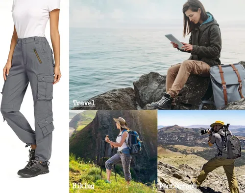 Vista 6 de Raroauf Pantalones cargo de algodón para mujer, estilo militar, combate, pantalones capri con 8 bolsillos