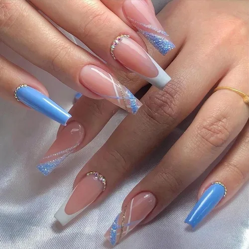 Vista 66 de MISUD - Uñas postizas a presión largas en forma de ataúd con pegamento, diseño de punta francesa acrílica azul de verano, 24 piezas
