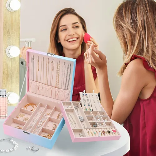 Vista 7 de ProCase Joyero para mujeres, niñas, novia, esposa, regalo ideal, organizador de joyas de cuero grande con dos capas para aretes, pulseras, anillos