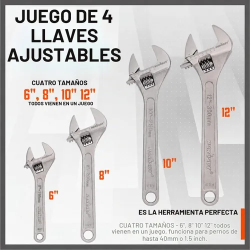 Vista 2 de HORUSDY Juego de llaves ajustables de 4 piezas, acero CR-V, juego de llaves ajustables (6 pulgadas, 8 pulgadas, 10 pulgadas, 12 pulgadas)