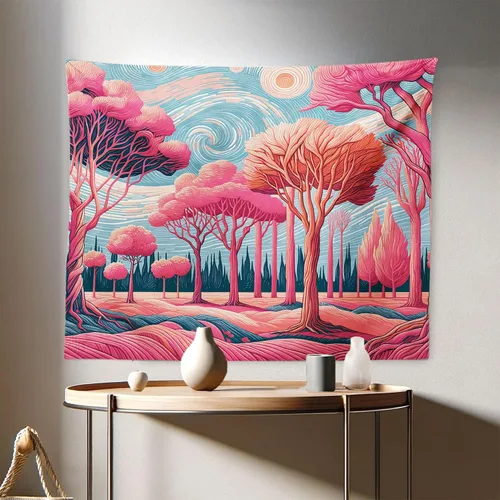 Vista 84 de Ambesonne Tapiz verde, fases lunares alrededor de un árbol de la vida, impresión de diseño bohemio de astrología nocturna, decoración de tela