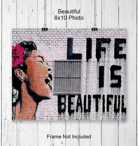 Vista 3 de Original Banksy Life is Beautiful Graffiti Street Art - Arte callejero de 8 x 10 pulgadas, arte fotográfico para el hogar, dormitorio, decoración