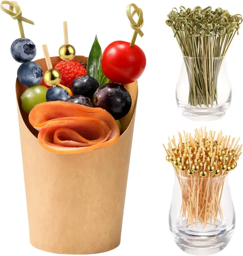 Vista 10 de 50 Tazas de Charcutería con Brochetas, Tazas de Papel de 12 Oz para Aperitivos con Palillos de Cóctel, Soporte para Papas Fritas Kraft Marrón, Conos