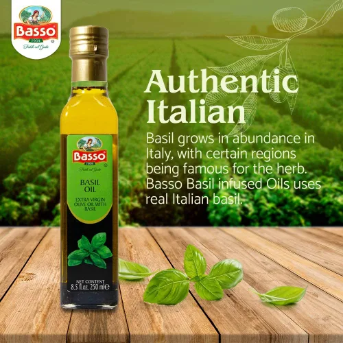 Vista 5 de Aceite de Oliva Extra Virgen con Albahaca para Sumergir y Degustar 8.5 fl oz (250 ml) Aceite de oliva con infusión de albahaca para sumergir