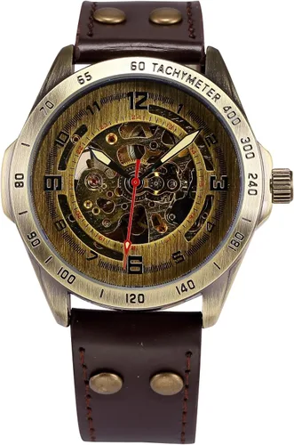 Vista 2 de reloj estilo vintage, carcasa de bronce, cuero marrón, mecánico automático, hombres, PMW368