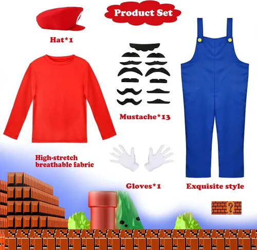 Vista 3 de Vermeyen Disfraz de Super Brothers para niños y adultos, traje de fontanero con sombrero, bigote, guantes, accesorio para disfraz de Halloween