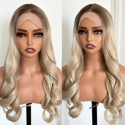Vista 14 de Peluca de cabello sintético rubio de 13 x 6, con encaje frontal, sin pegamento, ondulado, rubio prearrancado, encaje transparente HD, transpirable