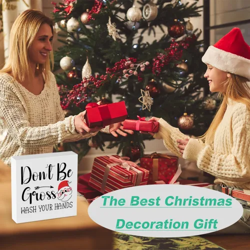 Vista 6 de Divertida decoración de Navidad para baño, decoración de Navidad para interiores, decoración de Papá Noel, decoración de madera con texto en inglés