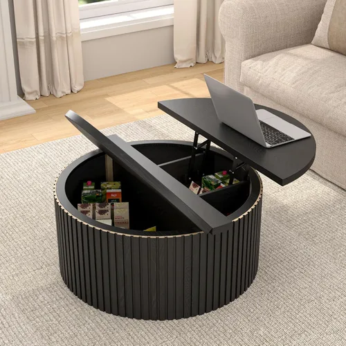 Vista 3 de Fsbecl 34'' Round Fluted Lift Top Coffee Table with Hidden Storage, Black Wooden Center Table, Lift Top Coffee Table for Living Room, Home Decor