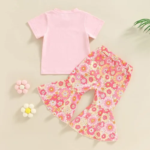 Vista 2 de Thilsidee Toddler Summer Clothes Baby Girl Bell Bottom Outfit Short Sleeve Rainbow Print T-shirt Tops+Floral Flare Pant Set