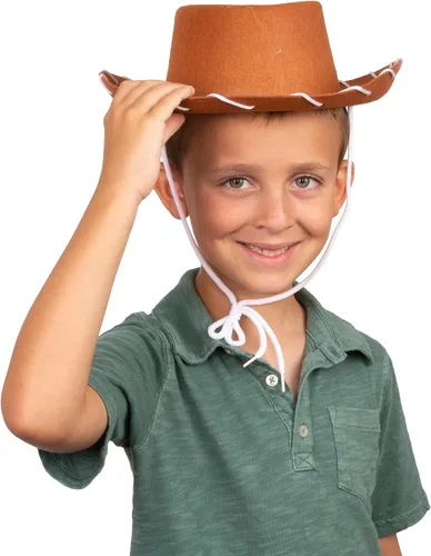 Vista 2 de Funny Party Hats Sombrero de vaquero para niños, sombreros de vaquero marrón y rojo, disfraz de vaquero para niños, sombreros del oeste, paquete de 2