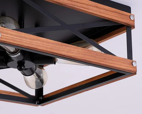 Vista 6 de Lámpara de techo rústica de 4 luces, de metal y madera, cuadrada, para pasillo, dormitorio, cocina, entrada, sala de estar, color negro