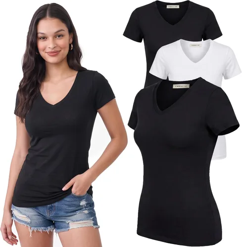 Vista 80 de Emmalise Camiseta de manga corta para mujer, cuello en V, tallas junior y plus