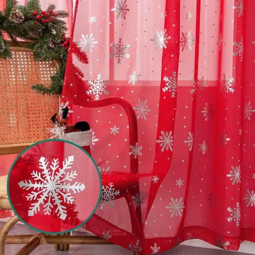 Vista 3 de Cortinas traslúcidas de Navidad para sala de estar, cortinas transparentes con estampado de copos de nieve de lujo, cortinas con bolsillo