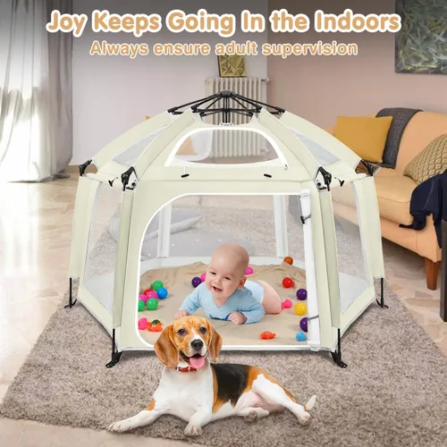 Vista 4 de Corralito desplegable para bebé, corralito portátil para bebés y niños pequeños con sombras extraíbles y 2 cubiertas UV laterales, corralito ligero