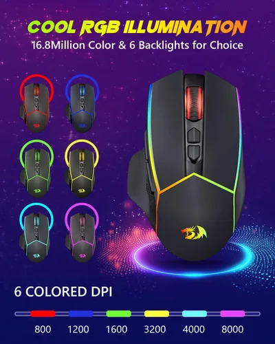 Vista 3 de Redragon Ratón inalámbrico para juegos, Tri-Mode 2.4GUSB-CBluetooth ergonómico, 8000 DPI, mouse inalámbrico programable con retroiluminación RGB