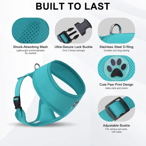 Vista 2 de Arnés para perro de malla suave, chaleco para pasear mascota, arnés acolchado y ajustable para cachorro, xs, Azul Soft Light Breathable Air Mesh