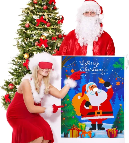 Vista 6 de SKYLETY Juegos de fiesta de Navidad, juego de pin the nose en Papá Noel, divertidos juegos de fiesta con los ojos vendados para familiares y amigos