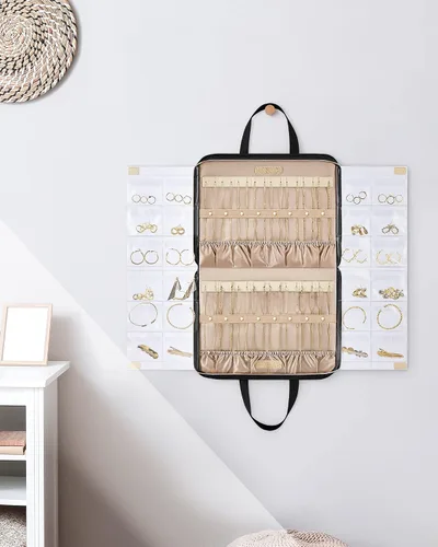 Vista 7 de BAGSMART Estuche organizador de joyas de viaje, bolsa portátil para joyas, sin enredos, almacenamiento de collares, bolsillos transparentes