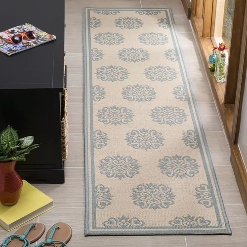 Vista 14 de SAFAVIEH Alfombra lavable al aire libre Linden Collection – 6 pies 7 pulgadas, cuadrada, aguamarina y crema, no desprende pelusa y fácil de limpiar