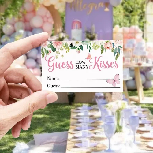 Vista 3 de How Many Kisses - Tarjetas de juego para fiesta de baby shower, besos florales de mariposas que adivinan baby showers, boleto de rifa, decoración